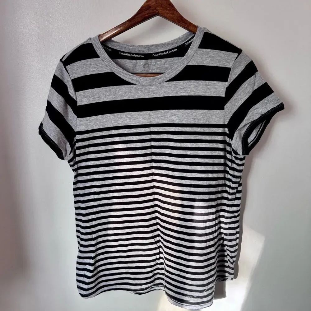 Calvin Klein Performance Striped Basic Cotton Top Black & Grey Size Large